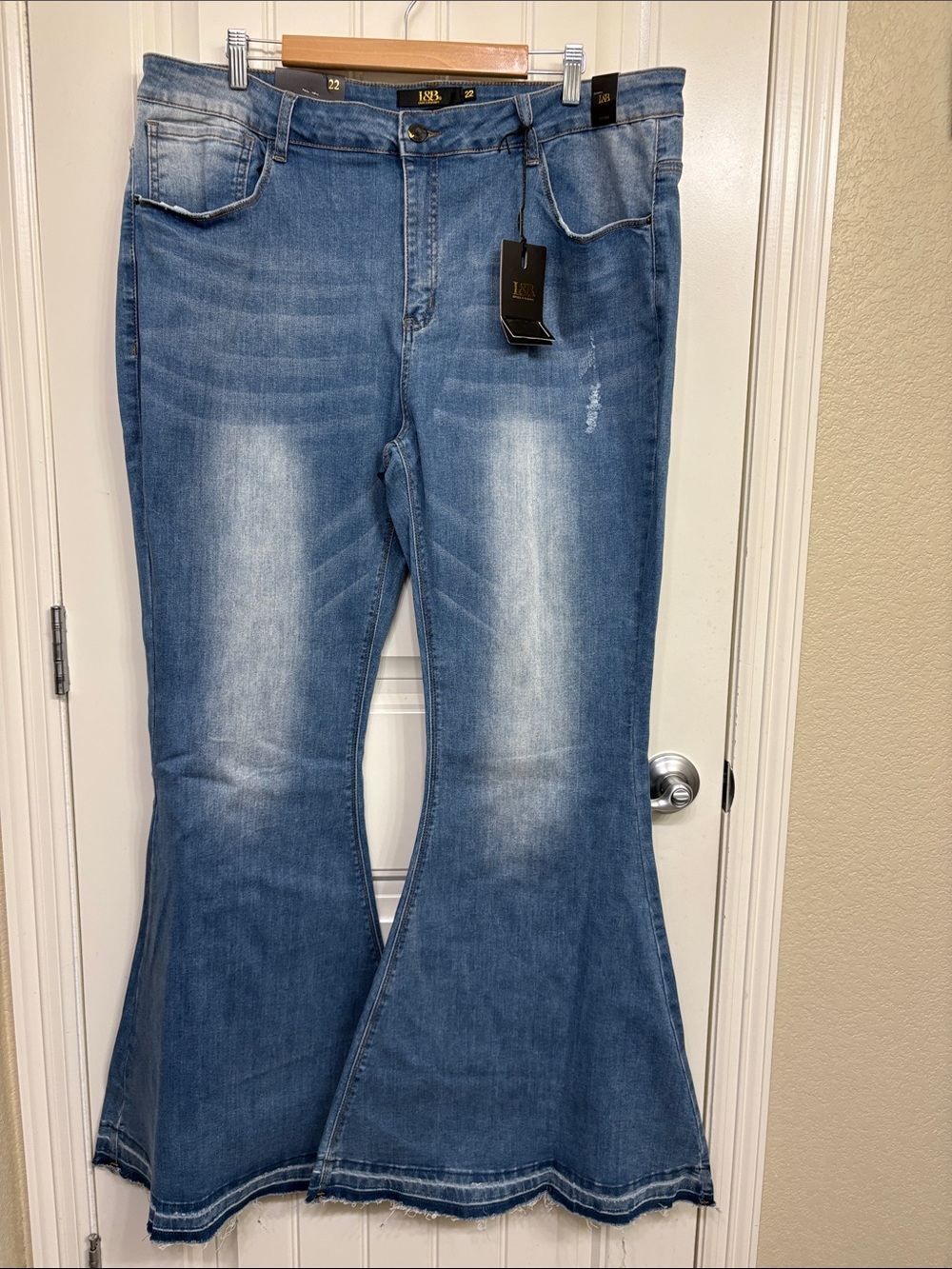 NWT Lucky & Blessed Medium Blue Extreme Flare Jeans Raw Hem